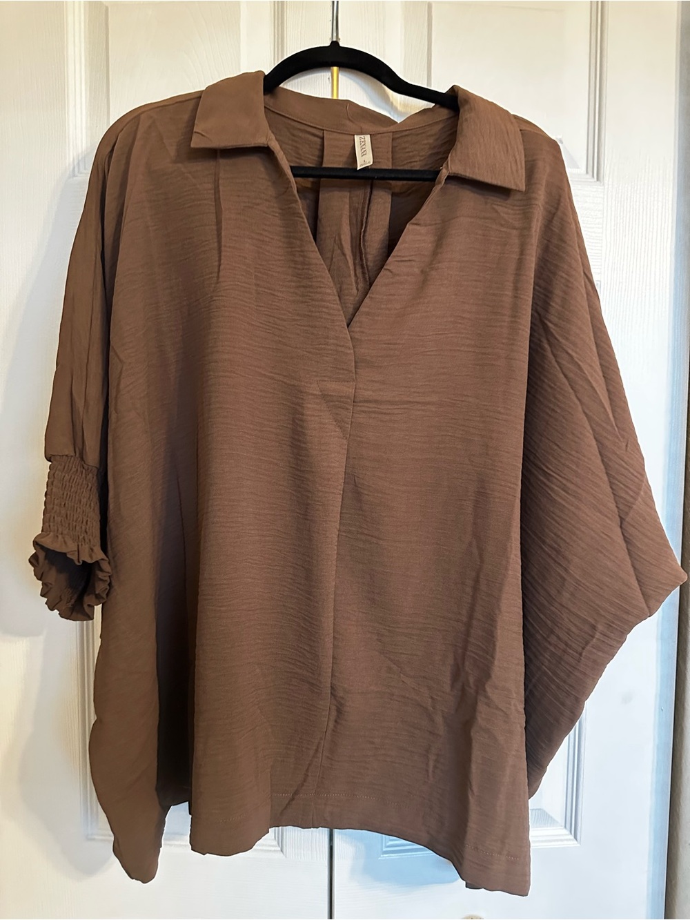 Zenana Oversized Brown V-Neck Blouse